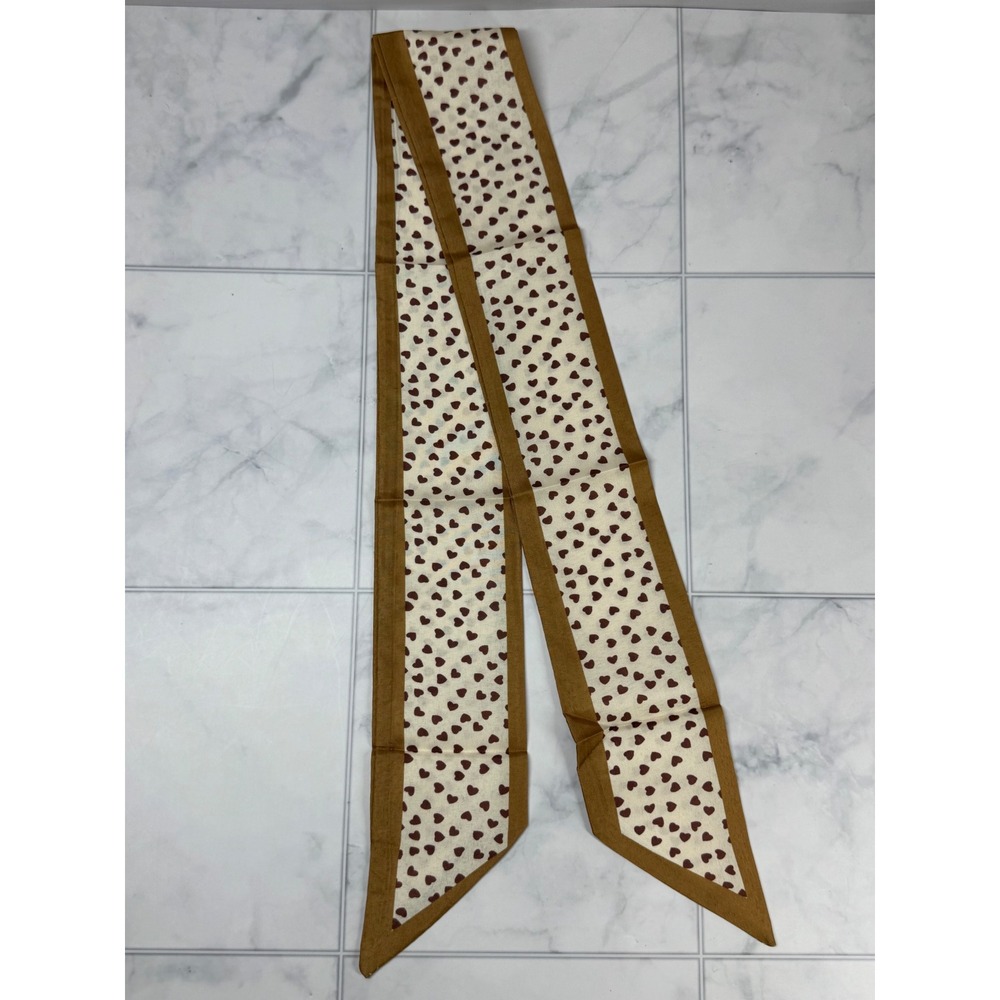 Heart Print Skinny Scarf Tan Brown Cream Neck Tie Hair Ribbon Accessory New